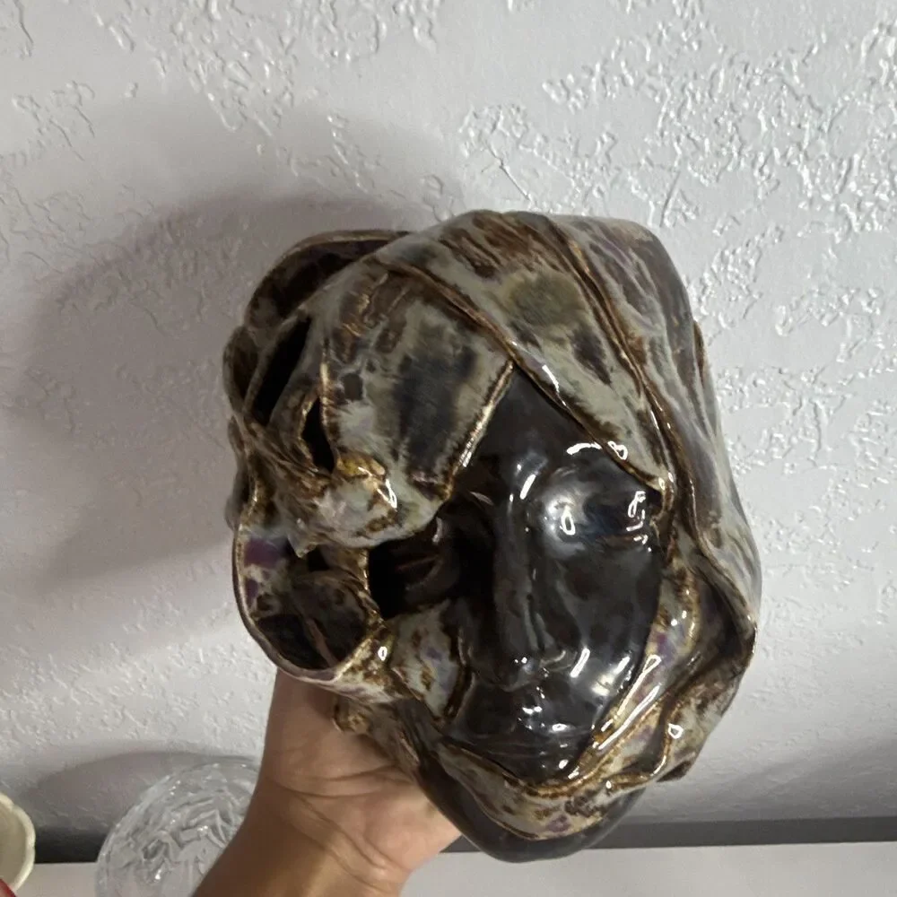 Glazed Ceramic Face Decorative Mask Wall Art - Black Brown Gold Purple
